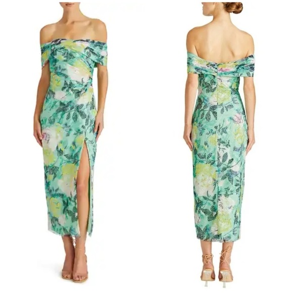 New ML Monique Lhuillier Allie Floral Off Shoulder Lace Midi Cocktail Dress 6 - Picture 1 of 14